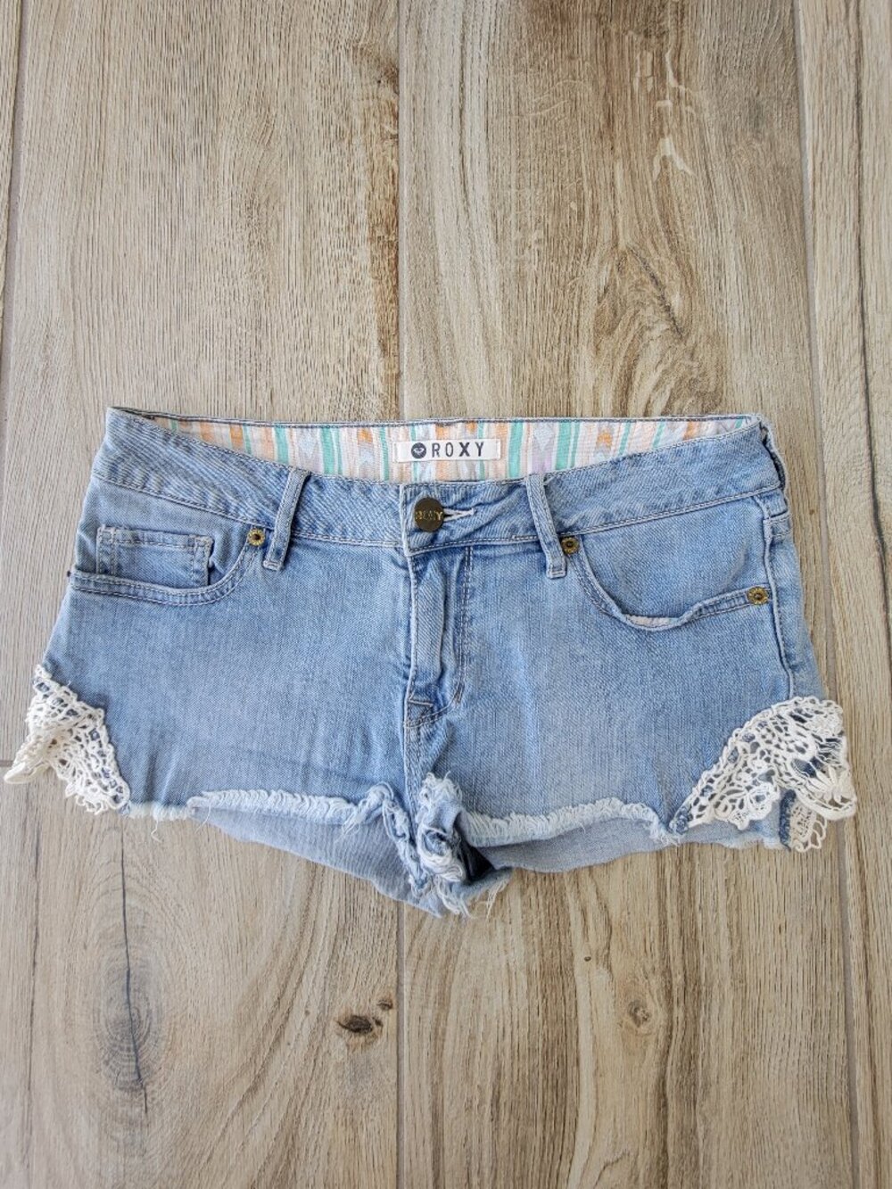 Roxy Boho Light Wash Denim Cutoff Shorts with Crochet Lace